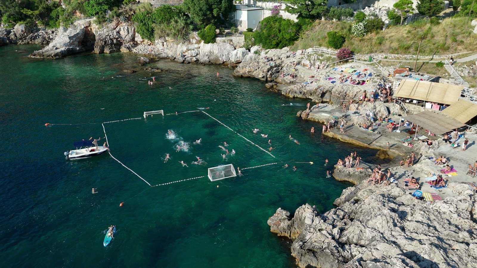 Drone view of the Tezoro Camp sea pitch at Dance Beach